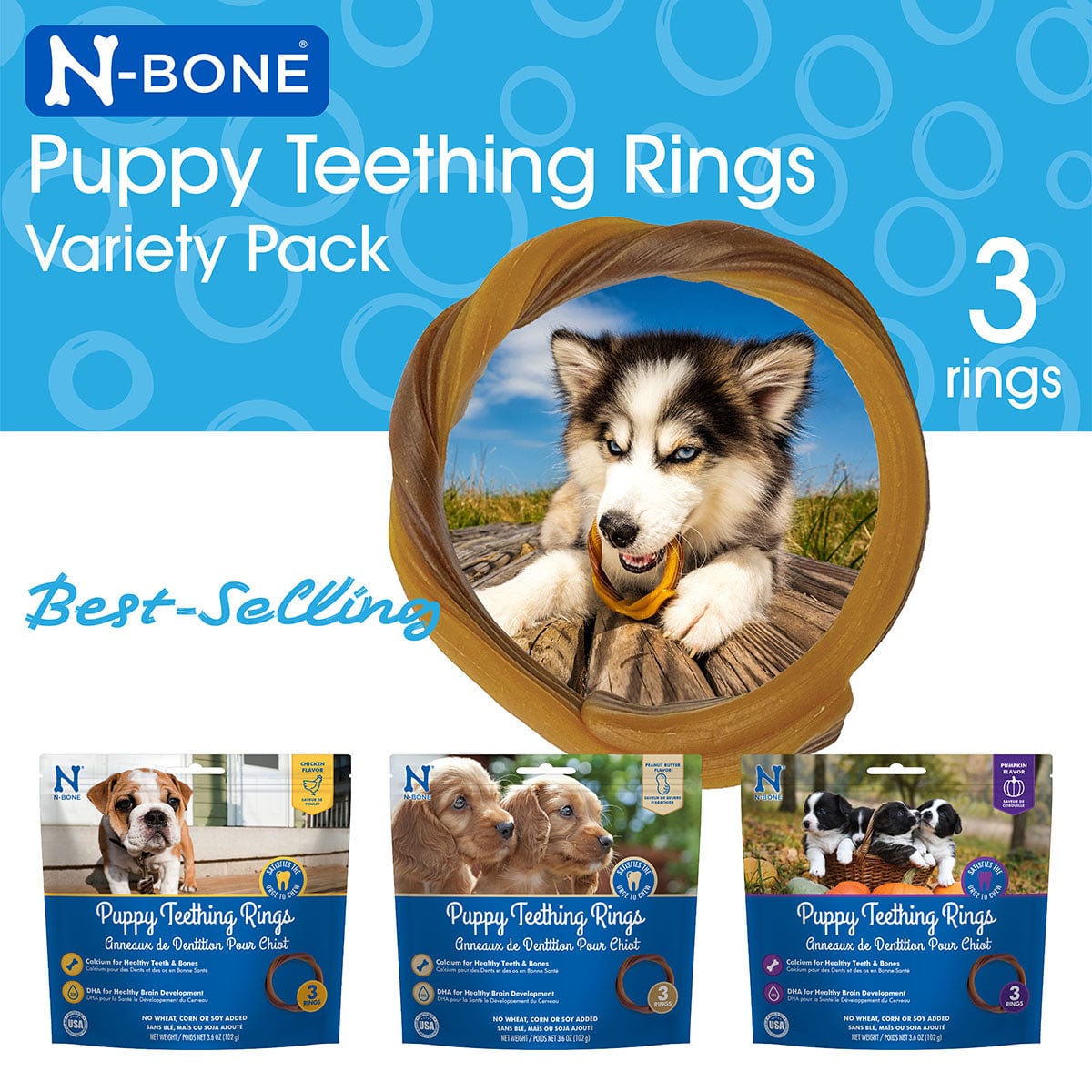N-Bone Puppy Teething Rings 3 Count Bag Variety Pack, Chicken & Pumpkin & Peanut Butter Flavor, Total 3 Bags, 10.8-oz, 9 Rings