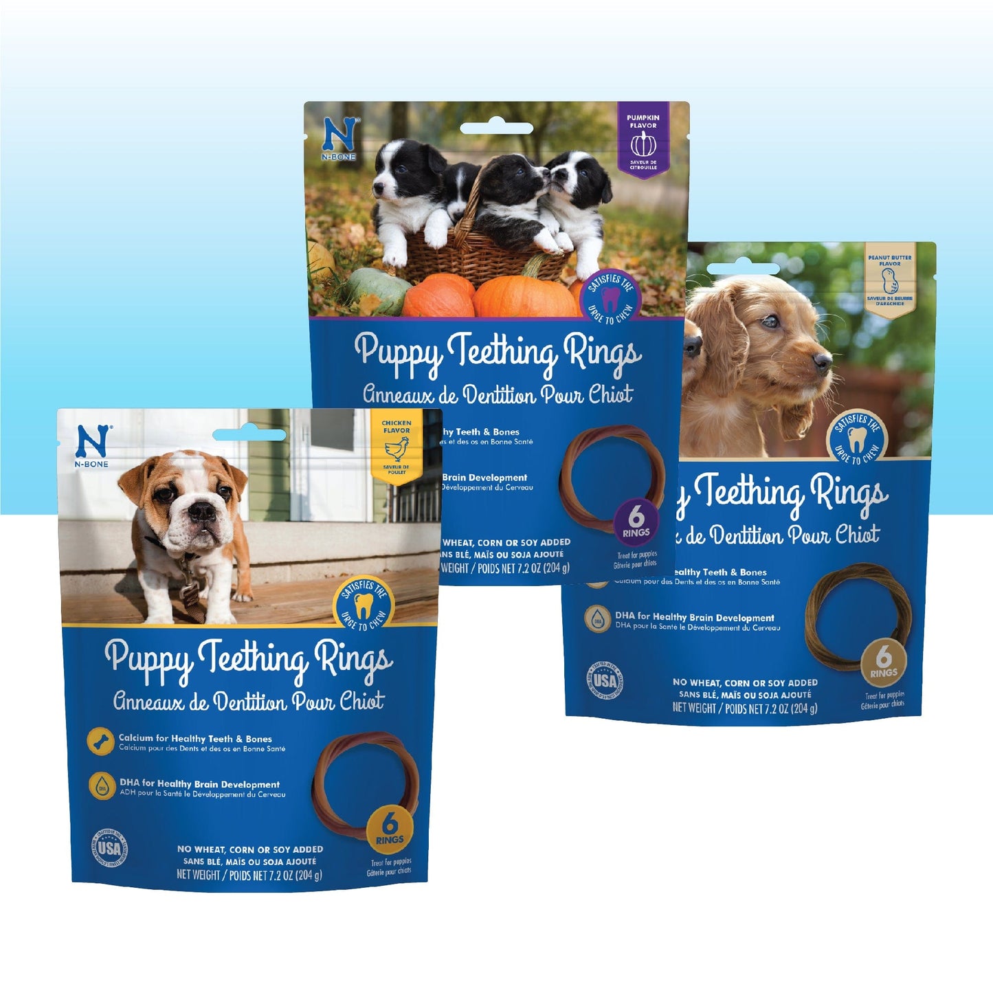 Packaging for N-Bone Puppy Teething Rings, featuring images of the product and puppies, with text detailing the product type and flavor varieties.