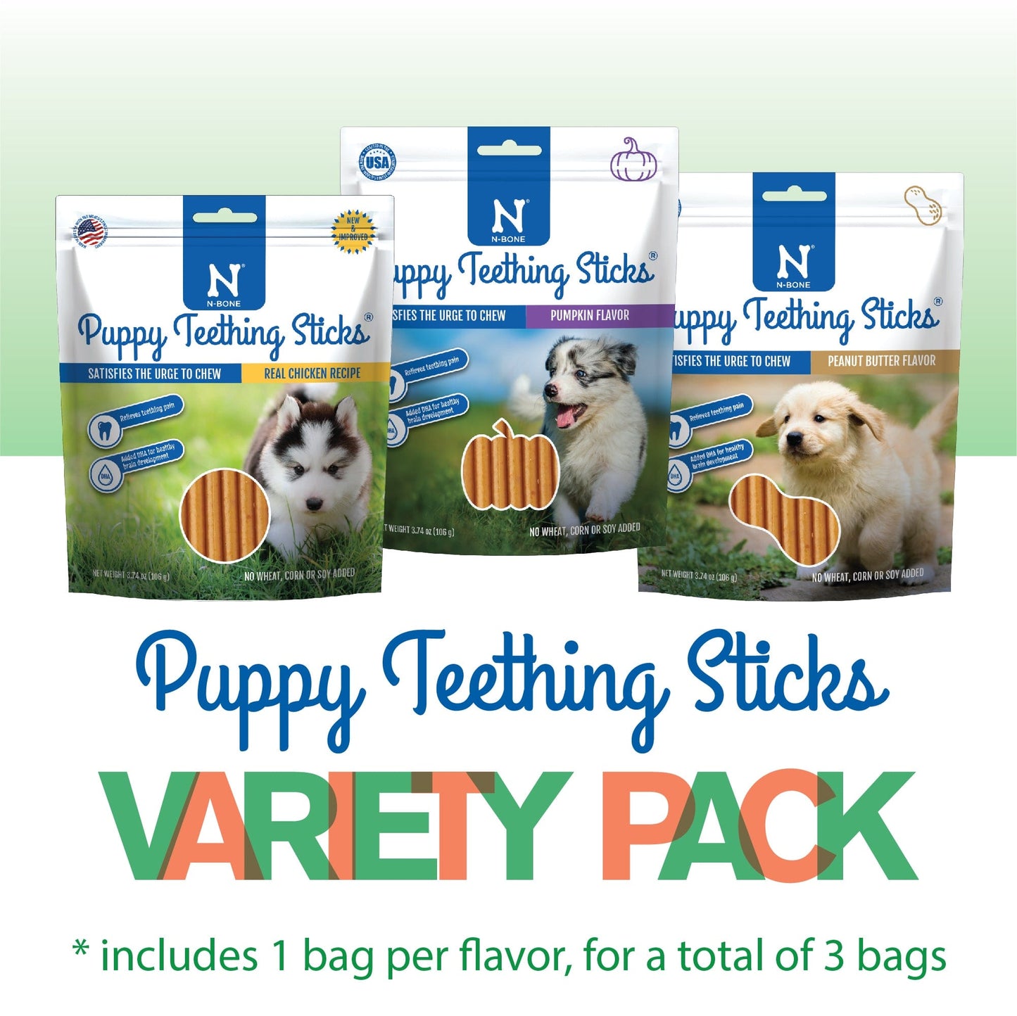 N-Bone Puppy Teething Sticks Variety Pack, Chicken & Pumpkin & Peanut Butter Flavor, Total 3 Bags, 11.22-oz