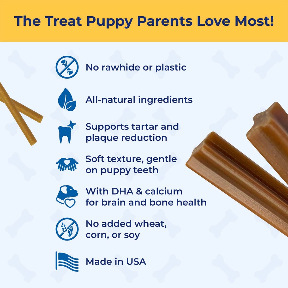 Dog treat packaging with text highlighting features and benefits on a white background.