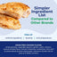 Grain-free chicken flavor product with ingredient list on a blue and white background