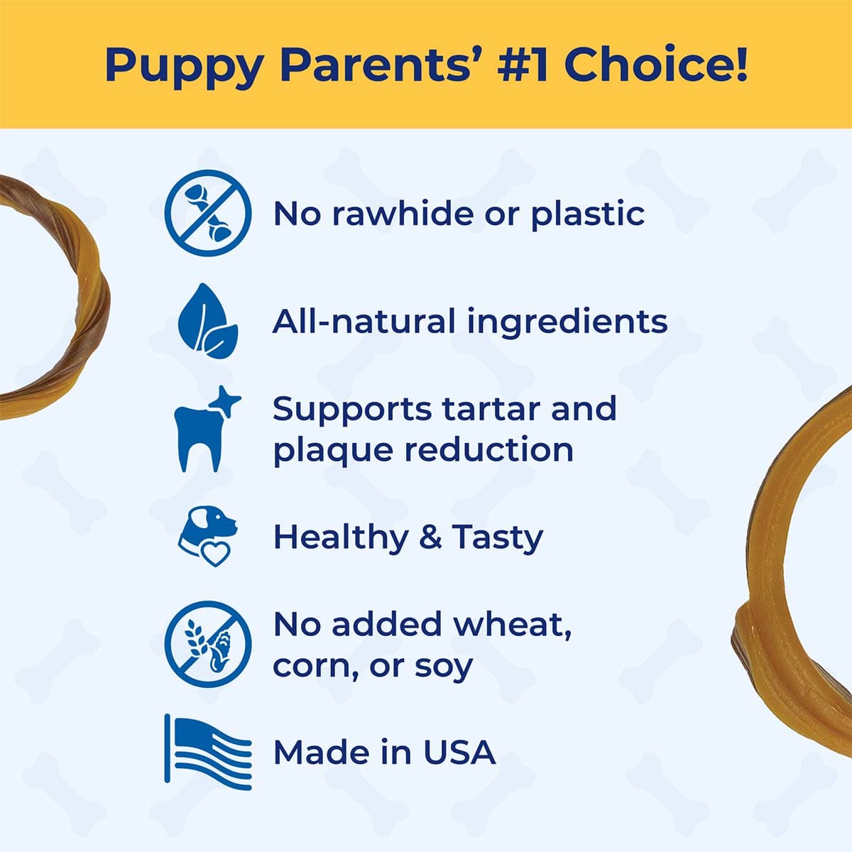 Product label with features for pet treats, including 'No rawhide or plastic', 'All-natural ingredients', and 'Made in USA'.