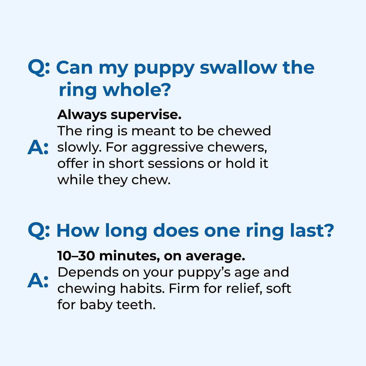 Text-based Q&A about a dog chew ring on a light blue background