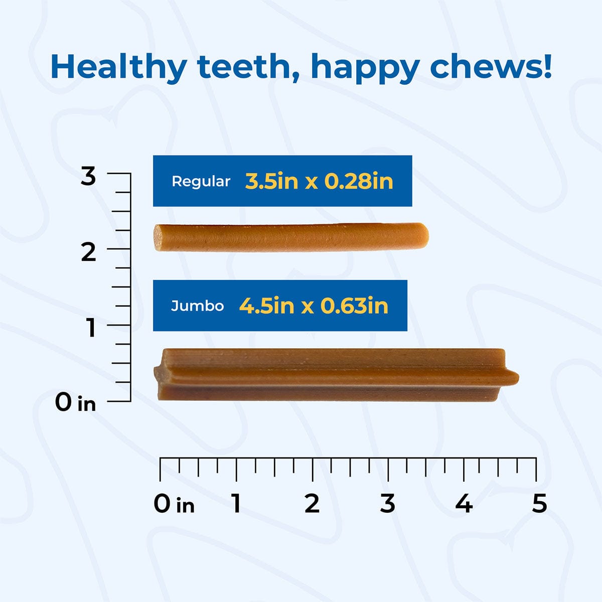 Comparison of Regular and Jumbo sizes of a chew product with a ruler for scale on a blue background.